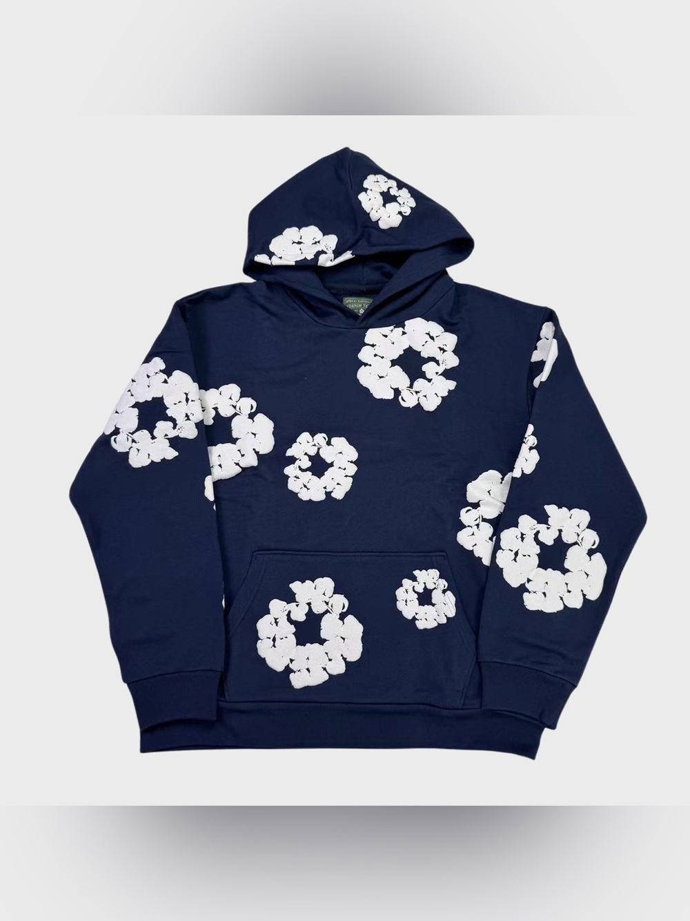 Men's Navy Crewneck Denim Tear Hoodie with White Floral Ring Print